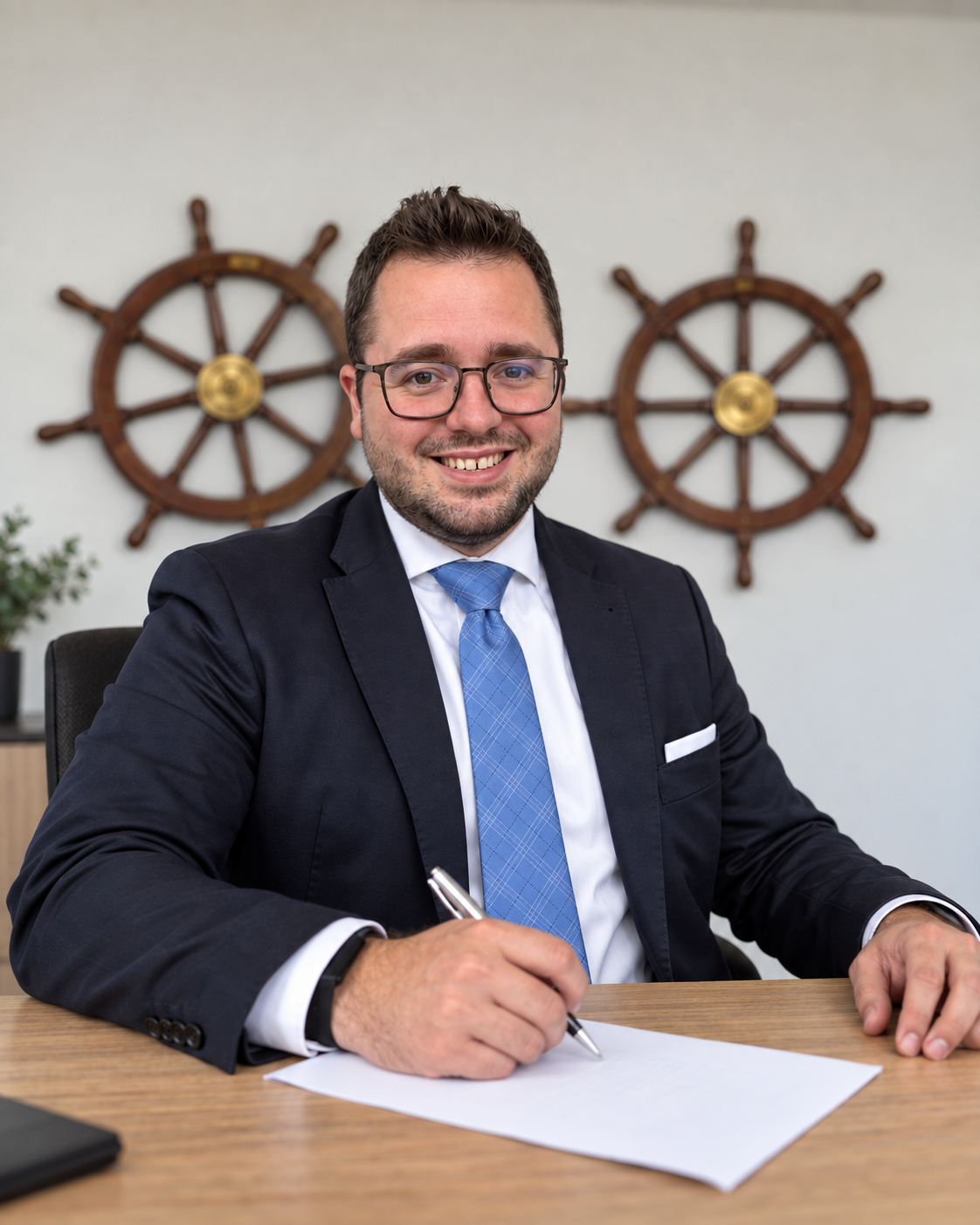 Philipp Bannert am Schreibtisch, mit zwei Steuerrädern im Hintergrund